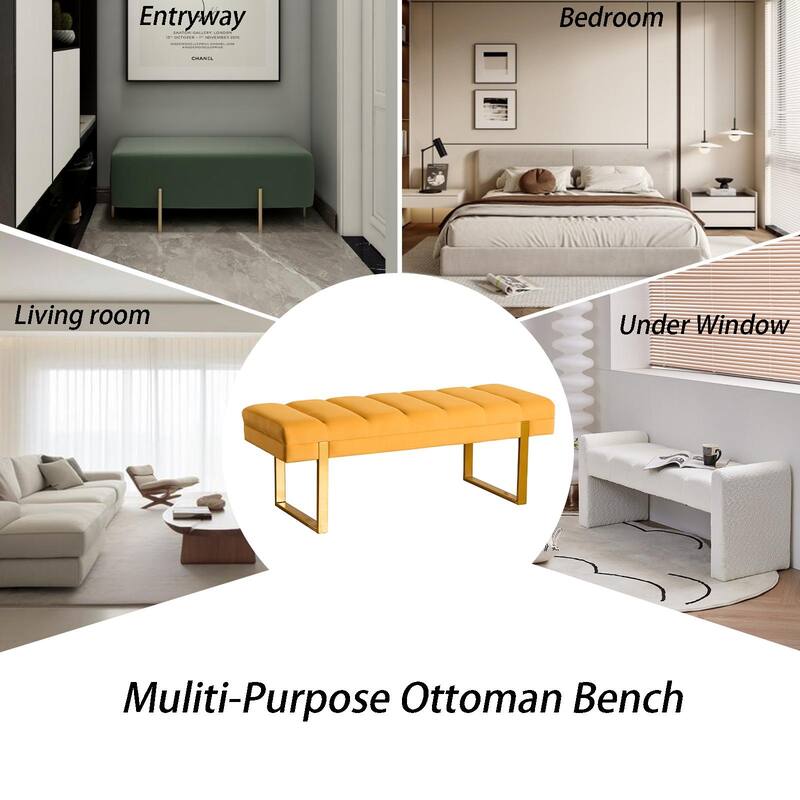 Upholstered Bedroom Bench Tufted Entryway Bench Modern End of Bed Bench Dining Bench with Gold/Black Metal Legs for Window