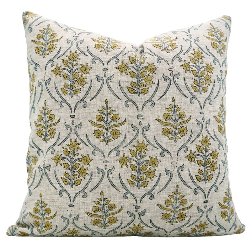 Fabdivine Decorative Floral Pillowcase Handmade Linen Block Print Accent for Sofa Kids Bed Rust Spring Décor, Sadabahar - Vishal Pushap- Yellow, Grey - 24" x 24"