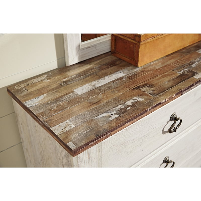 Isla Dresser Chest, 4 Drawer, Sliding Barn Door, Brown Top, Whitewash