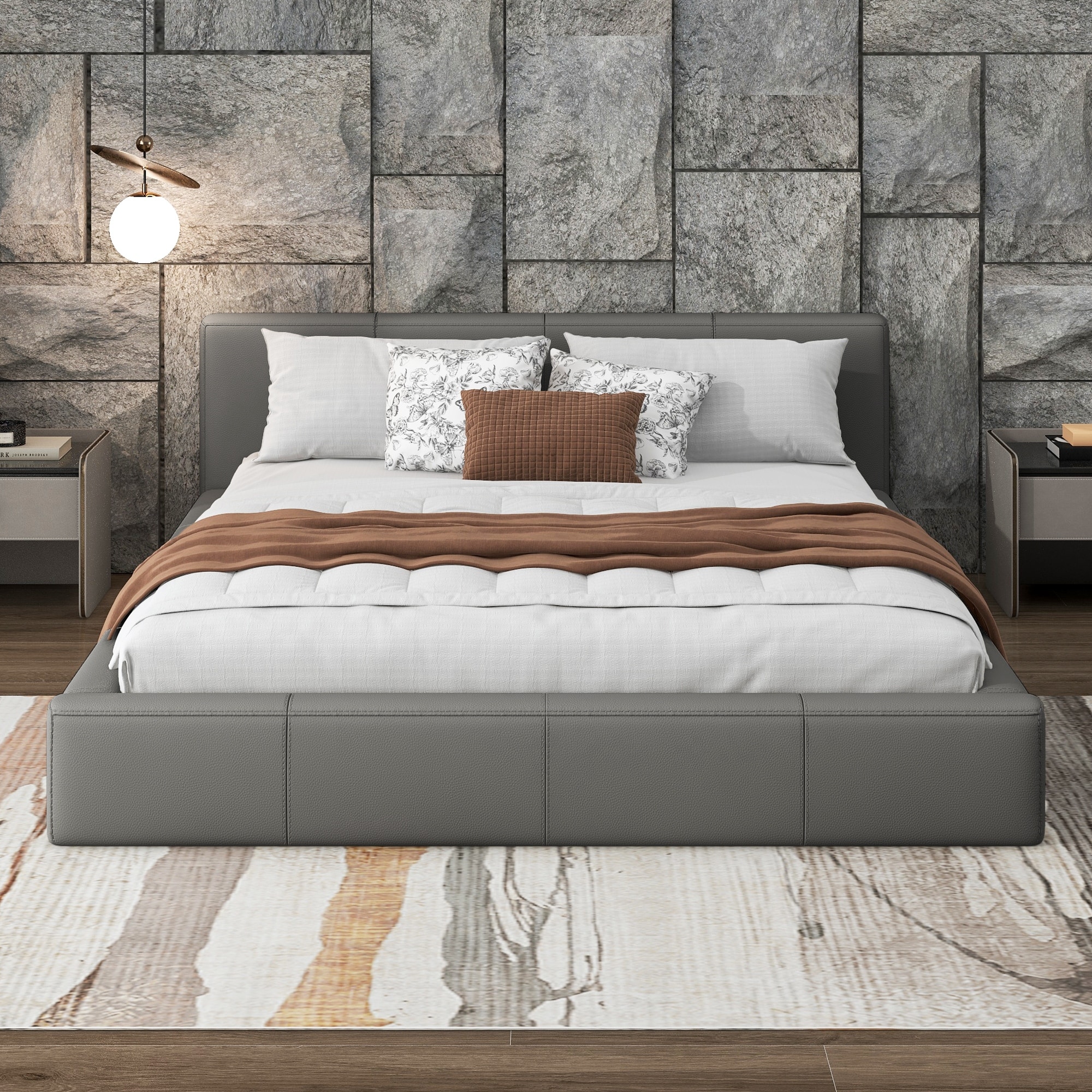 Full / Queen / King Stylish Gray Upholstered Bed with Faux Leather and Solid Wood Frame