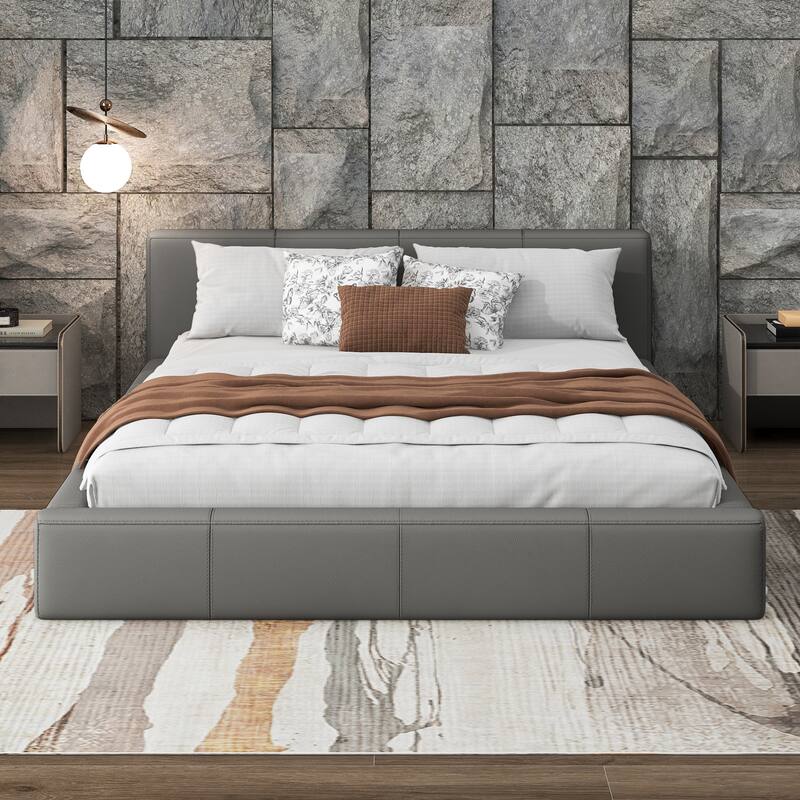 Full Size Faux Leather Upholstered Platform Bed with Wood Frame and 400lb Capacity - Gray