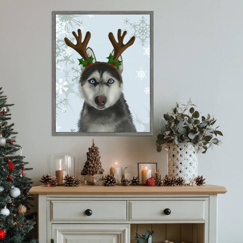 Husky and Antlers by Fab Funky (23 x 28 in.), Framed Canvas Wall Art Print - Sylvie Greywash