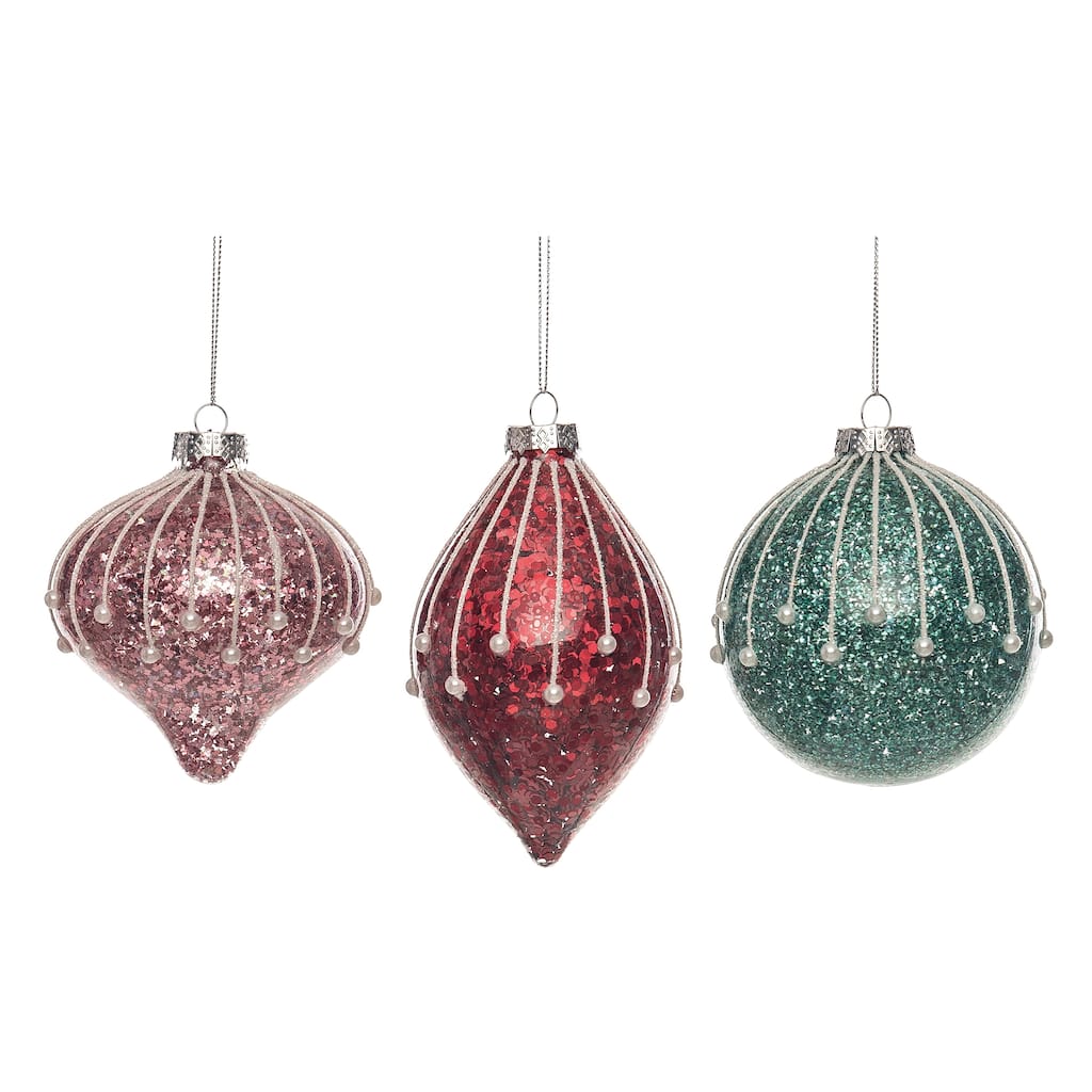 Transpac Glass Bright Glitter Ornament Set of 3 Christmas Home Decorations