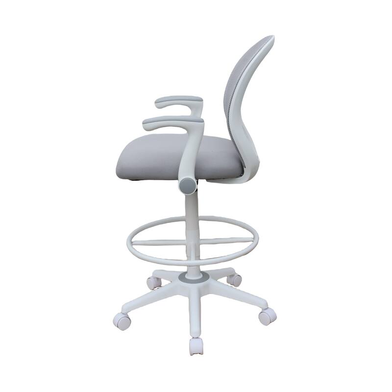 Swivel Office Stool, Flip-Up Arms and White Footring, Gray Mesh Back