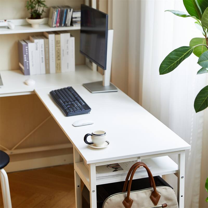 94.5" L Shape Home Office Desk with Storage Shelves and Stool