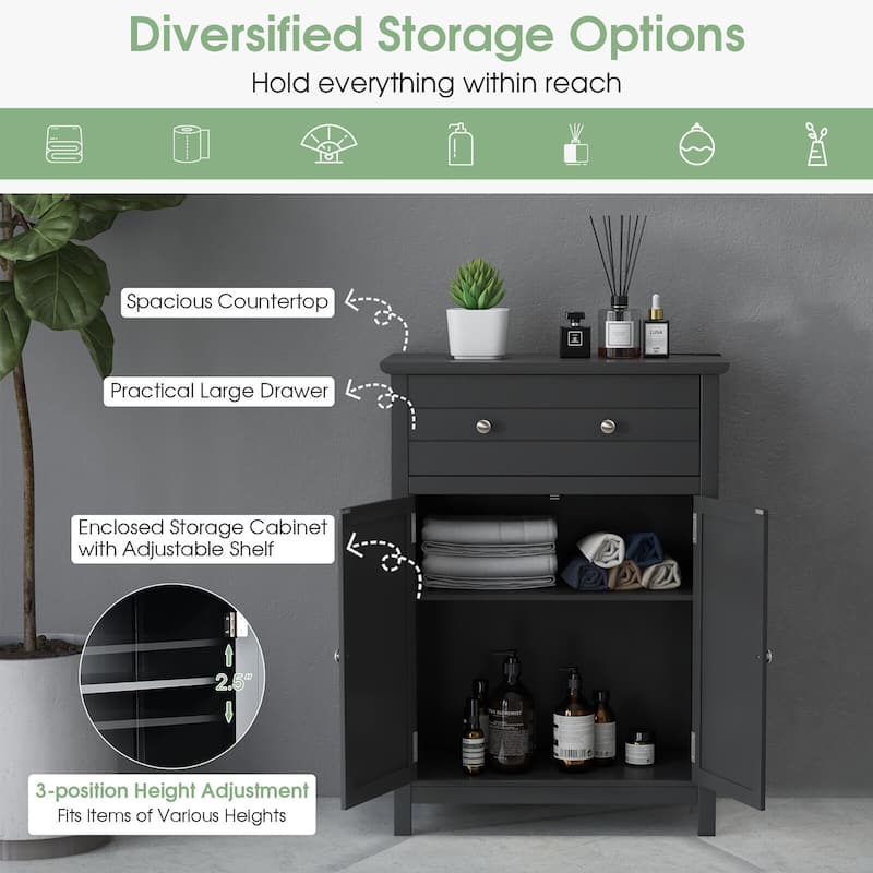 Gymax Bathroom Floor Cabinet Wooden Storage Organizer with Drawer &