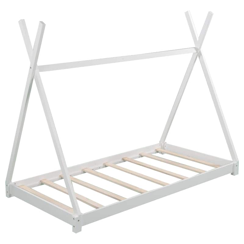 Twin Size House Platform bed with Triangle tructure,White