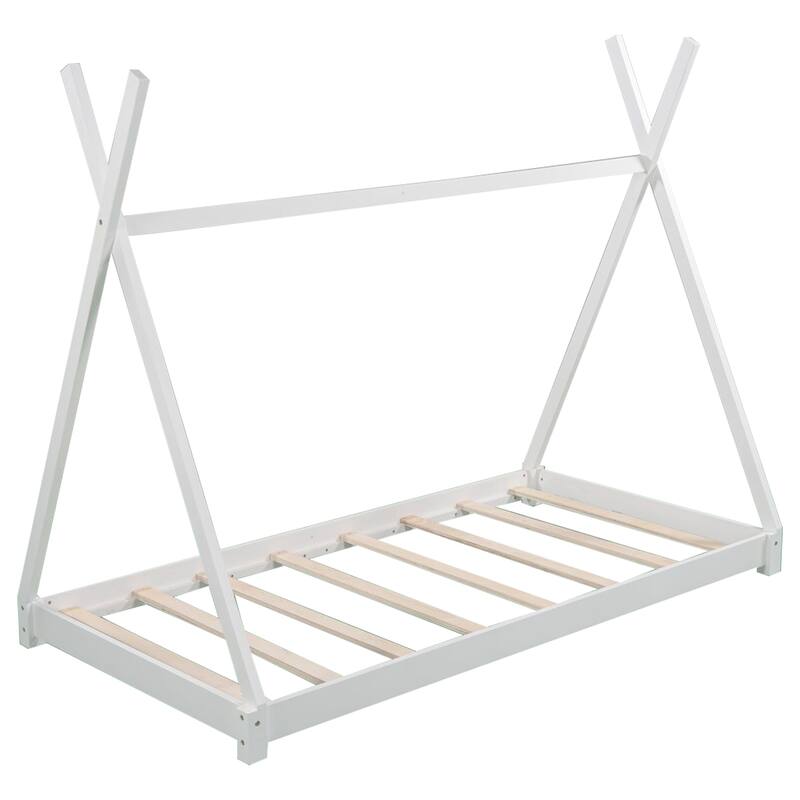 Wooden Twin Size House Platform Bed with Triangle Structure, Solid Wood Kids Bed Frame for Girls or Boys, No Box Spring Needed