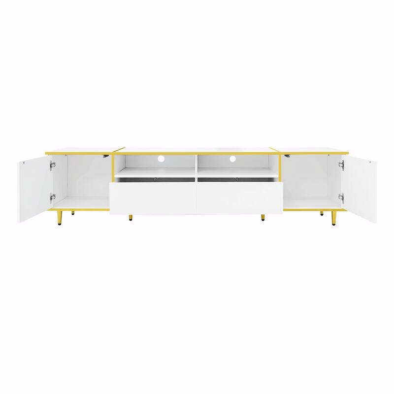 70.9'' Modern Entertainment Center, LED Lights, 2 Shelves, 2 Drawers & Metal Legs