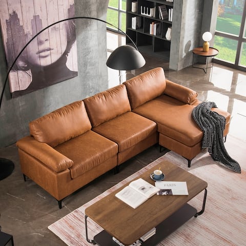 OVIOS Mid-Century Top-Grain SUEDE Leather Chaise Sofa With Cushions Metal Legs