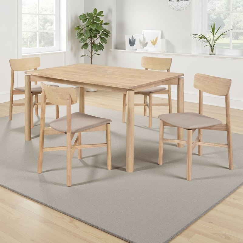 Rida 5pc Dining Table Set w 4 Tan Brown Upholstered Chairs, White Washed