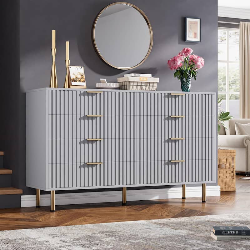 8 Drawer TV Stand Dresser, White Modern Storage Cabinet with Wide Top and Deep Drawers for Living Room, Bedroom, Hallway - Gray