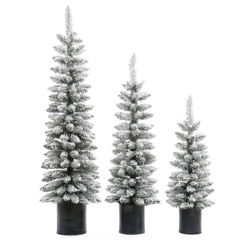 Set of 3 Snow-Flocked Christmas Trees with Metal Pots - 60" H x 15.7" Diameter