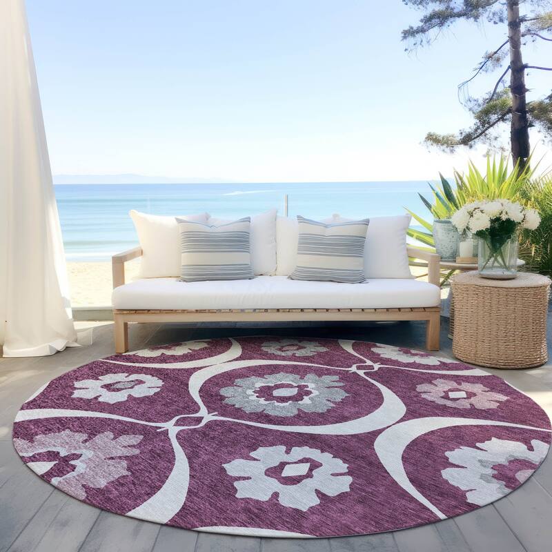 Machine Washable Indoor/ Outdoor Chantille Floral Geo Rug - Eggplant - 8' x 8'
