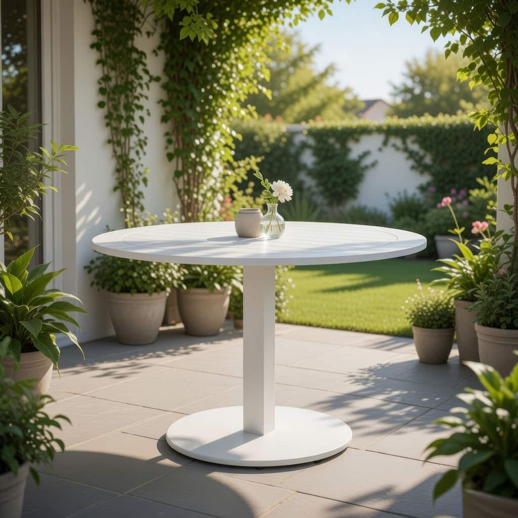 Keli 35 Inch Round Dining Table, White Aluminum Frame, Foldable Design