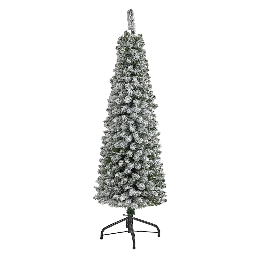 5ft. Flocked Pencil Artificial Christmas Tree with 318 Branches - Sleek Snowy Seasonal Holiday X-Mas Tree