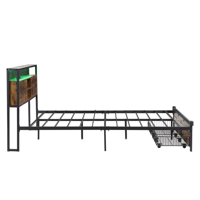 King Size Modern Metal Platform Bed with Wooden Headboard & 2 Drawers