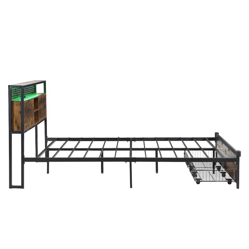 Modern Metal Platform Bed with Wooden Headboard,2 Drawers and LED Lights