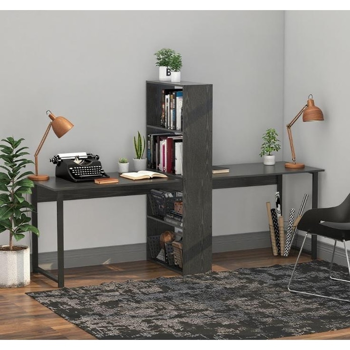 Long Computer Desk with Storage Shelves Combo, Double Workstation Storage Study Writing Table for Home Office, Bookshelf