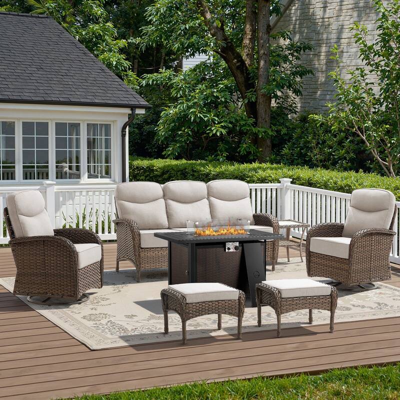 Luna 7-Piece Wicker Outdoor Patio Fire Pit Sofa Set with 6-Inch Thick Cushions