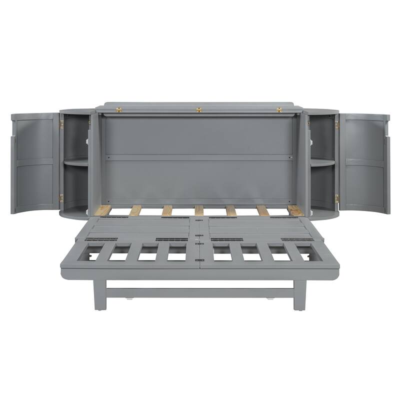 Folding Bed Convertible Sideboard with Hidden Storage, Modern Woven Murphy Bed Wood Hidden Wall Platform Bedframe Chest