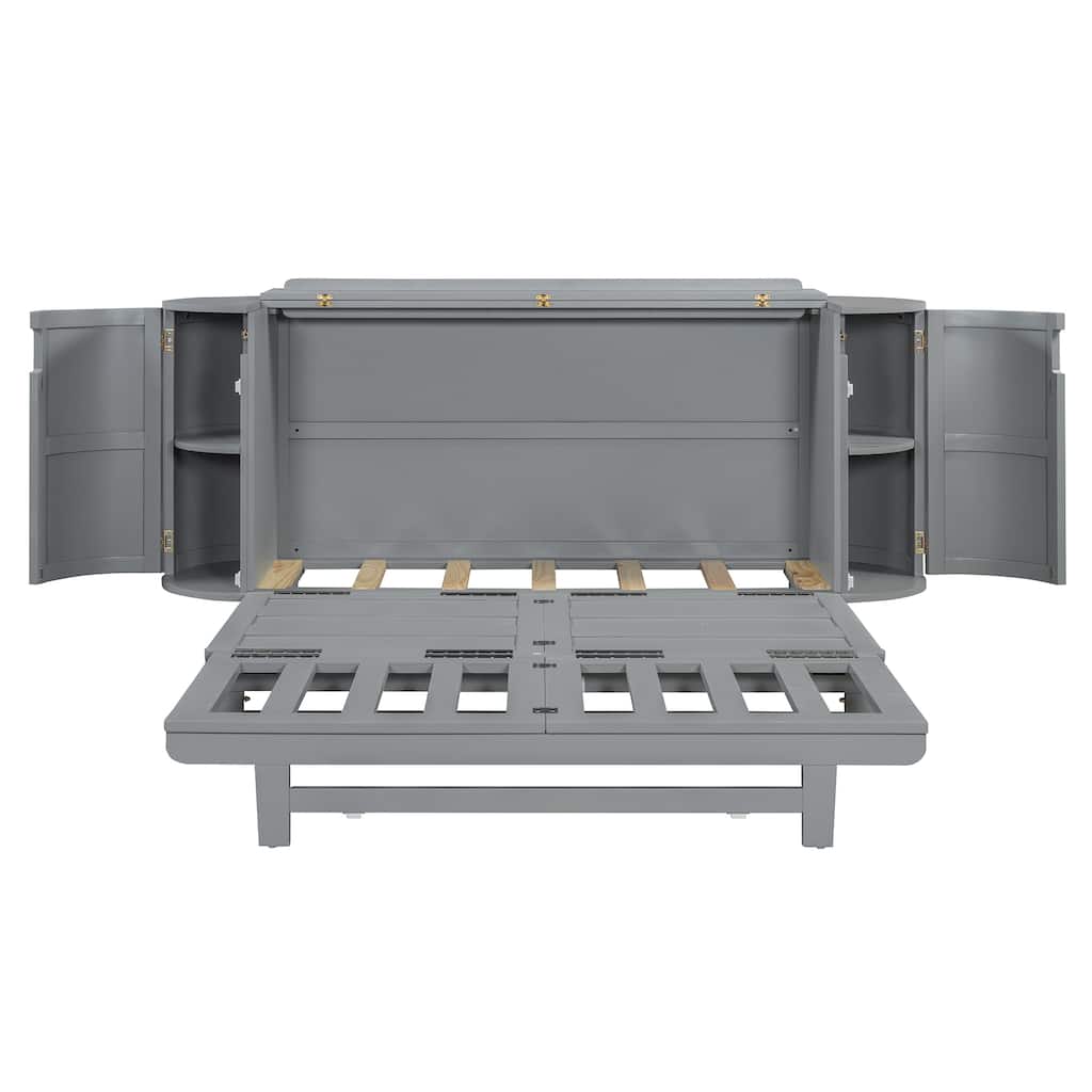 Queen Murphy Bed With Hidden Storage & Modern Woven Design,Gray