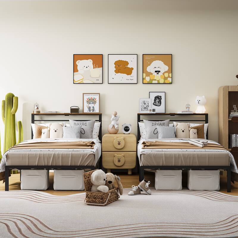 Bed Frame with Storage Shelves and Charging Station