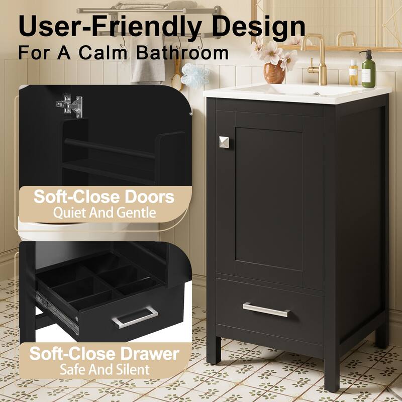 18" Small Bathroom Vanity with Ceramic Sink, Freestanding Storage Cabinet with Soft Close Drawer and Door, Adjustable Shelf