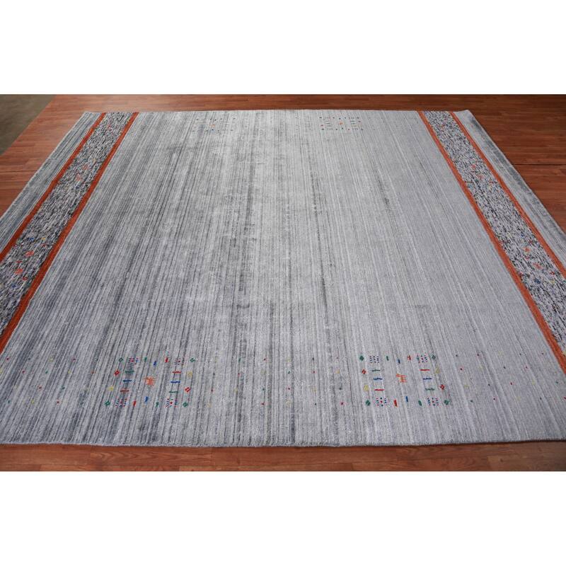 Hand Knotted Oriental Viscose Silk Carpet Tribal Stripe Greys & Charcoal Gabbeh Area Rug - 10' 0'' X 8' 4''