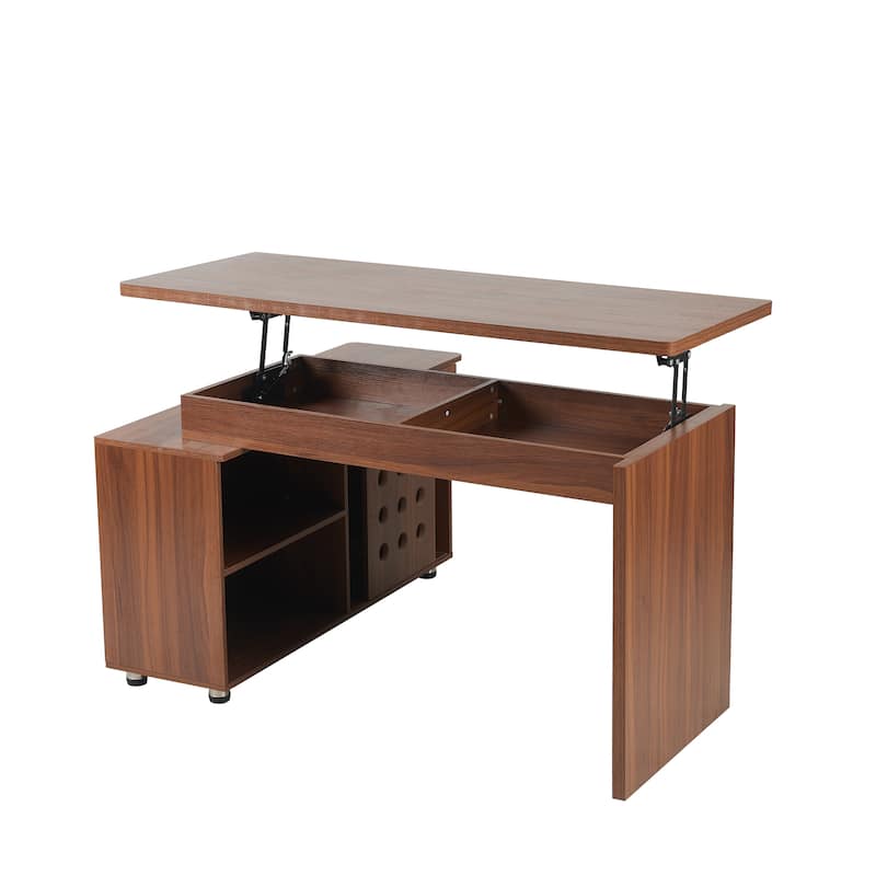 55.1"L Home Office L-Shaped Versatile Desk Height Adjustable Extendable Desk with Storage Drawers and Cabinet, Walnut