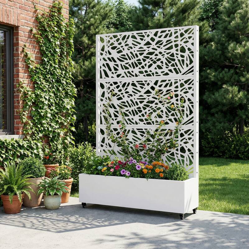 Metal Galvanized Planter Box with Trellis Privacy Screen Lockable Wheels