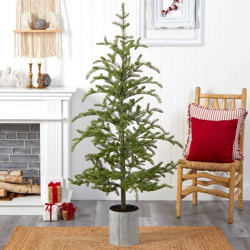 Pre-Lit Artificial Christmas Tree 5.5Ft Pine Tree with Planter & 150 Lights - Green - 66