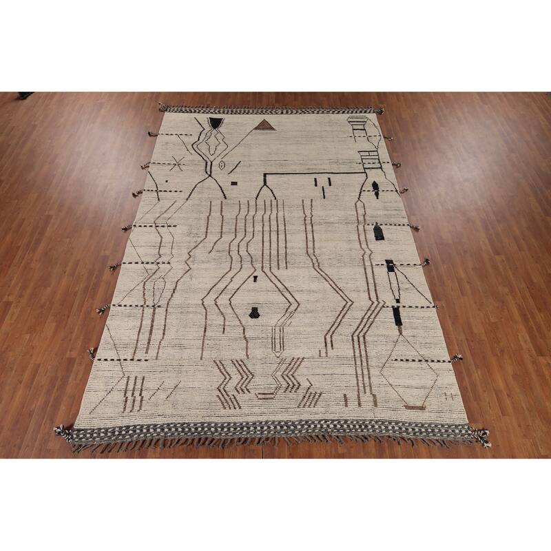 Earth Tone Moroccan Area Rug Handmade Stripe Wool Carpet - 8'8" x 12'11"