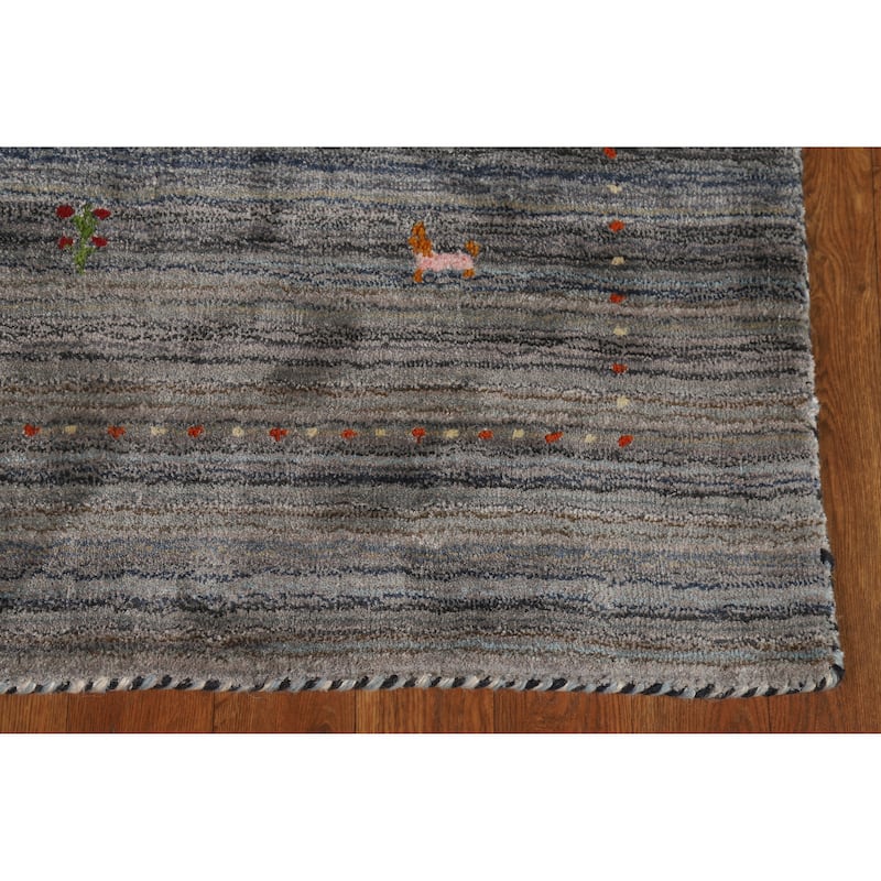 Navy Blue/ Gray Gabbeh Oriental Foyer Rug Hand-Knotted Wool Carpet - 3'0"x 4'10"