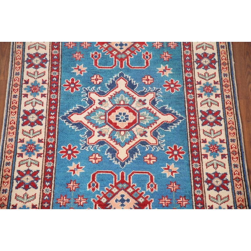 Blue Geometric Kazak Oriental Accent Rug Handmade Wool Carpet - 2'9" x 4'0"