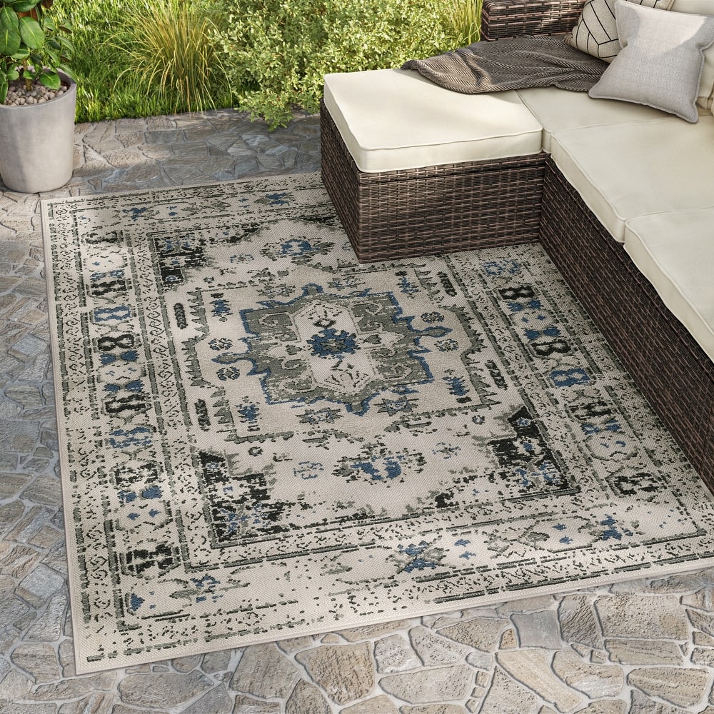Vista Home Talcot Vintage Traditional Grey/ Teal Indoor-Outdoor Area Rug