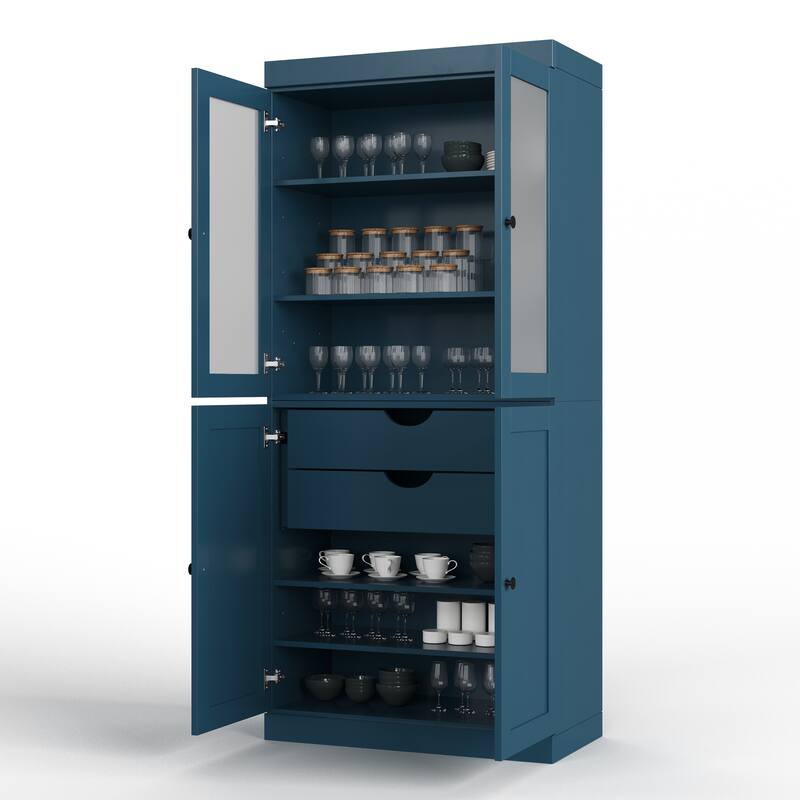 Palace Imports 100% Solid Wood 32" Pantry Cabinet with Frosted Glass, Shaker Doors, 2-Drawers and Adjustable Shelves