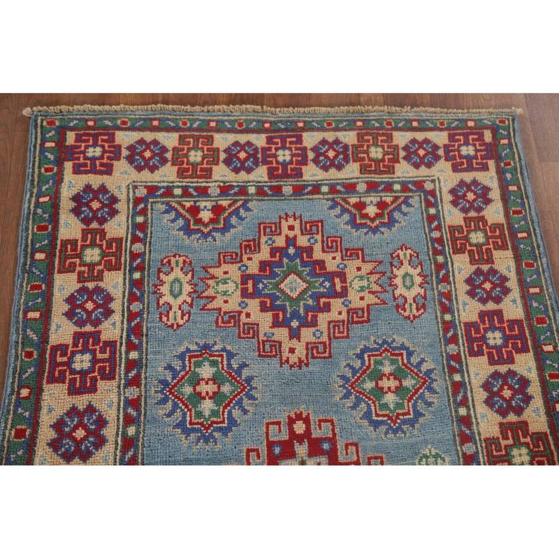 Hand Knotted Oriental 100% Wool Carpet Traditional Geometric Navy Blue & Blues Kazak Area Rug - 6' 4'' X 2' 9''