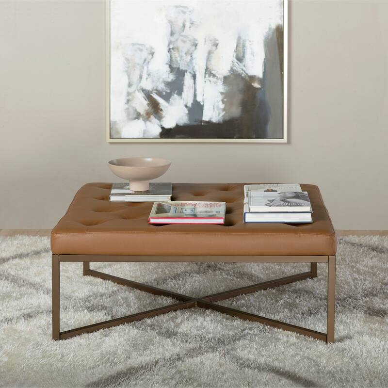 Studio Designs Home Camber Metal and Tufted Leather Large Cocktail Ottoman
