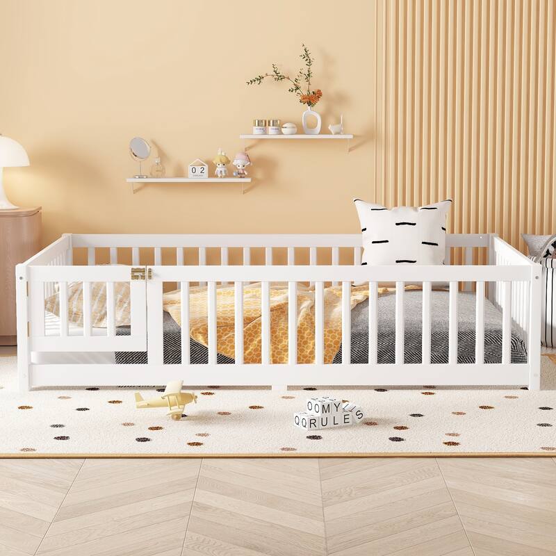 Montessori Toddler Floor Bed with Fence and Switchable Door, Low Profile Bed Frame with Removable Slats, Safe Transition Bed