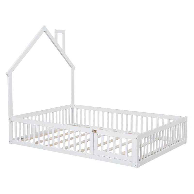 White Full Size Solid Wood House Platform Bed with Guardrail for Kids, Boys and Girls
