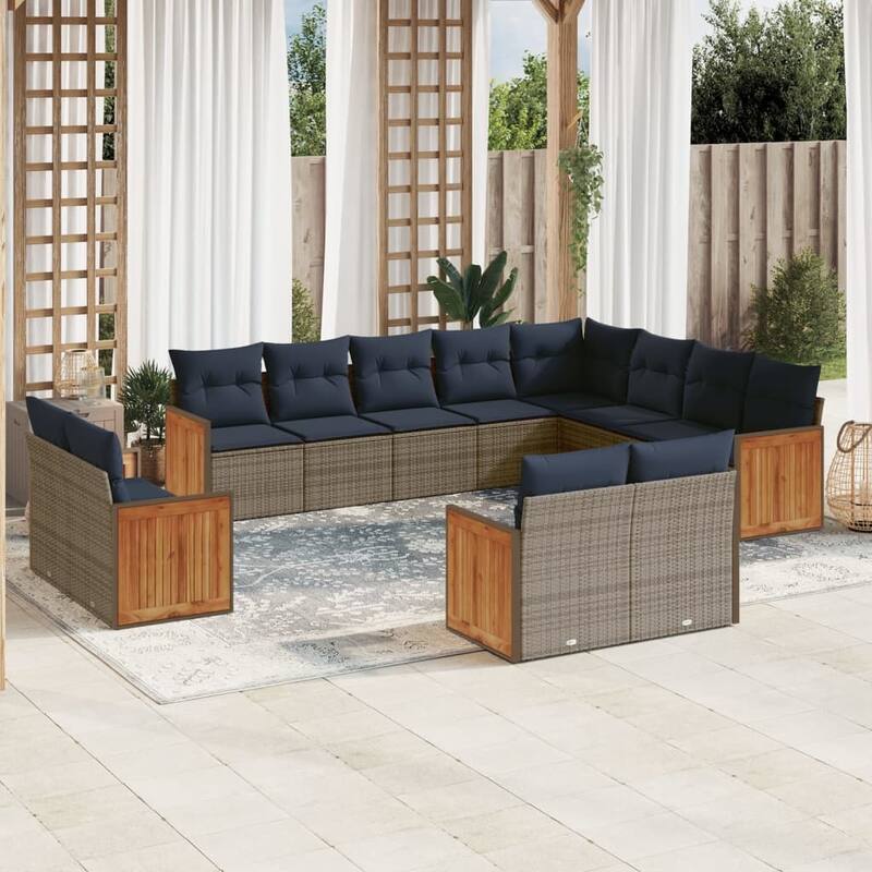 vidaXL 12/13 Piece Patio Sofa Set with Cushions Black/Gray Poly Rattan - 21.7 x 24.4 x 27.2 - Gray Without table