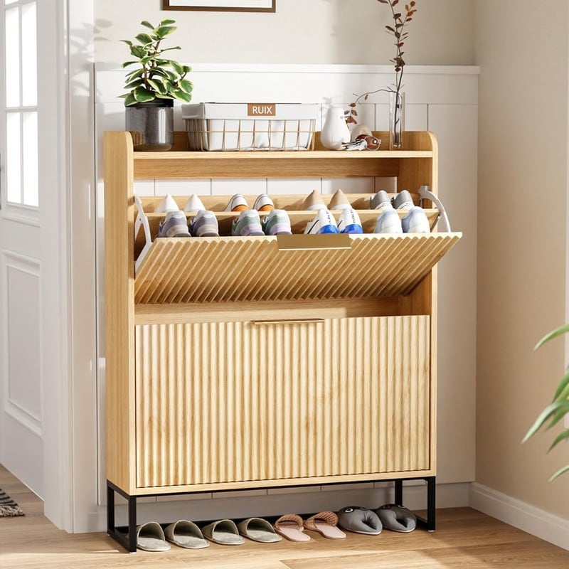 31.5 Inch Wide Slatted 2 Flip Drawers Top With Baffle Shoe Cabinet
