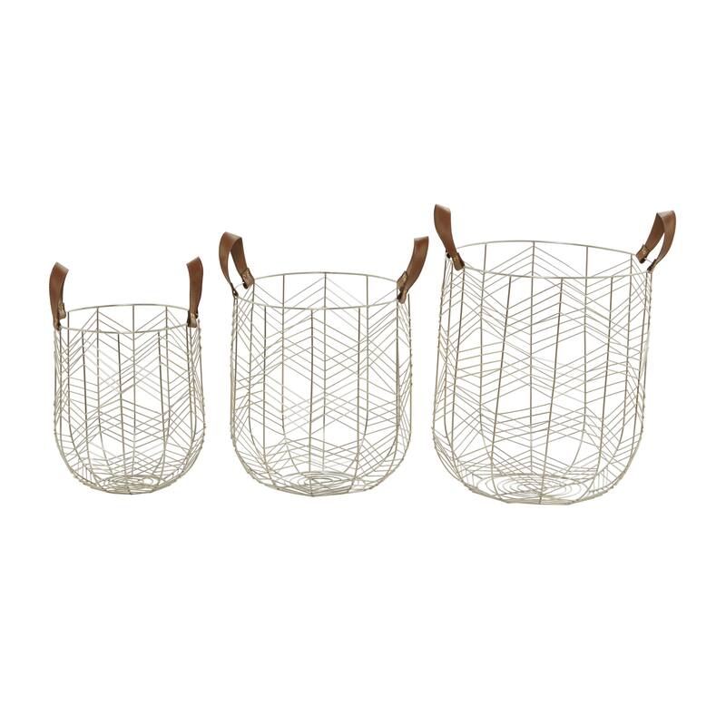 Metal Decorative and Functional Storage Basket with Faux Leather Handles - Set of 3 Silver or Gold - CosmoLiving by Cosmopolitan