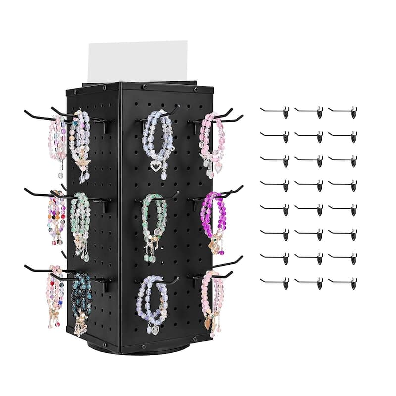 4-Sided Spinning Pegboard Display Rack with 24 Hooks for Tools and Accessories - 7.4 x 7.4 x 20.47 in