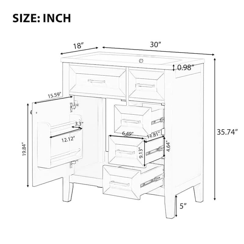30 inch Freestanding Bathroom Vanity Set in White with Integrated Ceramic Sink - 30'' x 18''