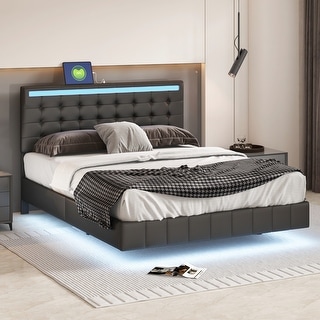 Queen Size Floating Bed Frame with Lights and USB Charging, Modern Upholstered Platform LED Bed with Slat Support