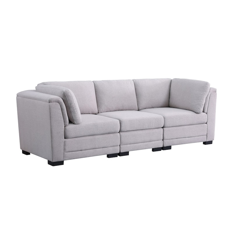 Linen Fabric Upholstered 3-Seater Modular Sofa in Light Gray and Black