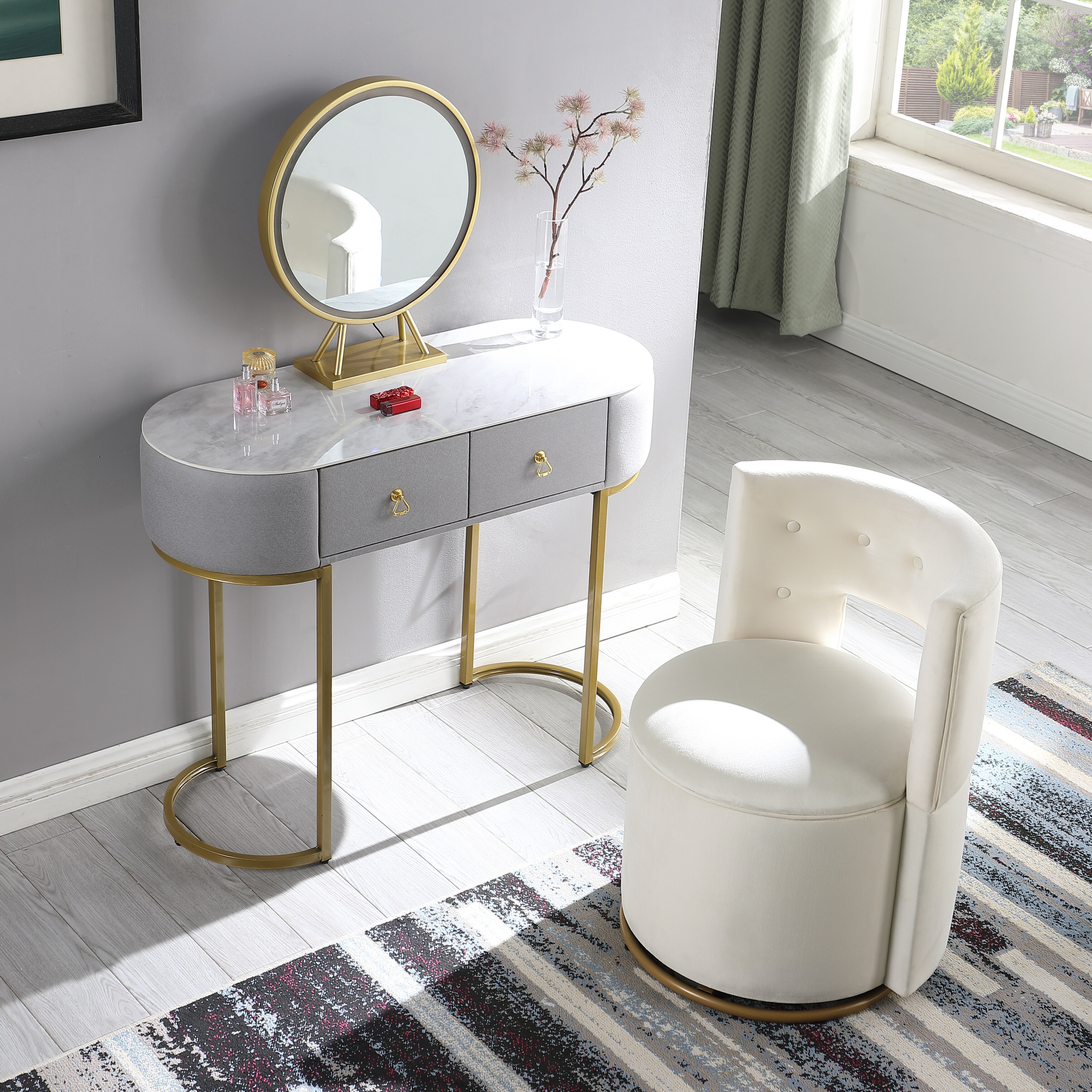 360° Swivel Accent Chair with Storage Function, Velvet Curved Chair with Gold Metal Base for Living Room, Nursery, Bedroom