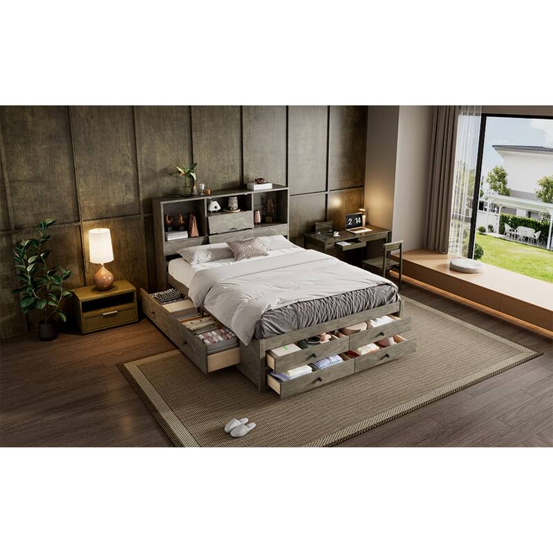Roomfitters Queen/King Platform Bed with Storage Headboard and 8 Drawers, Solid Wood